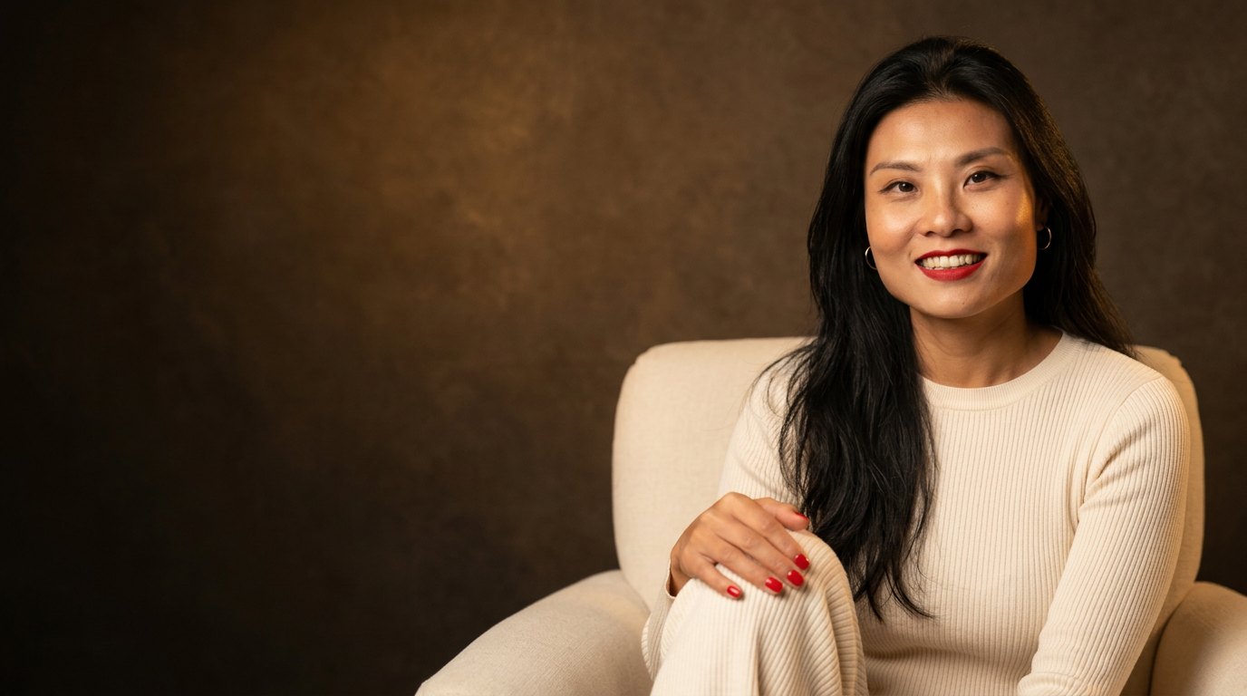 Yan Huang seated in a cream armchair in warm golden light